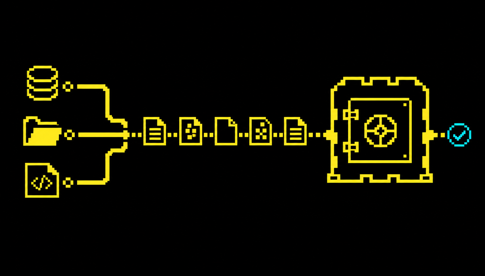 Pixel-art backup pipeline moving repository data into a verified storage vault